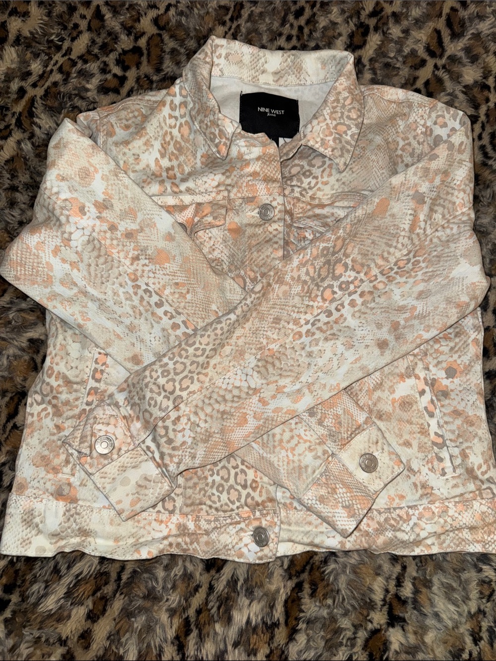 Nine West White and Tan Animal-Print Button Jacket